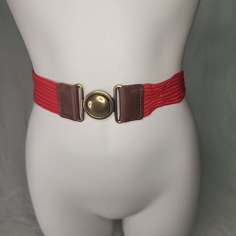 Belt CHAPS Women's Red Elastic Brown Leather brass Interlock 1.5" X 35" VTG